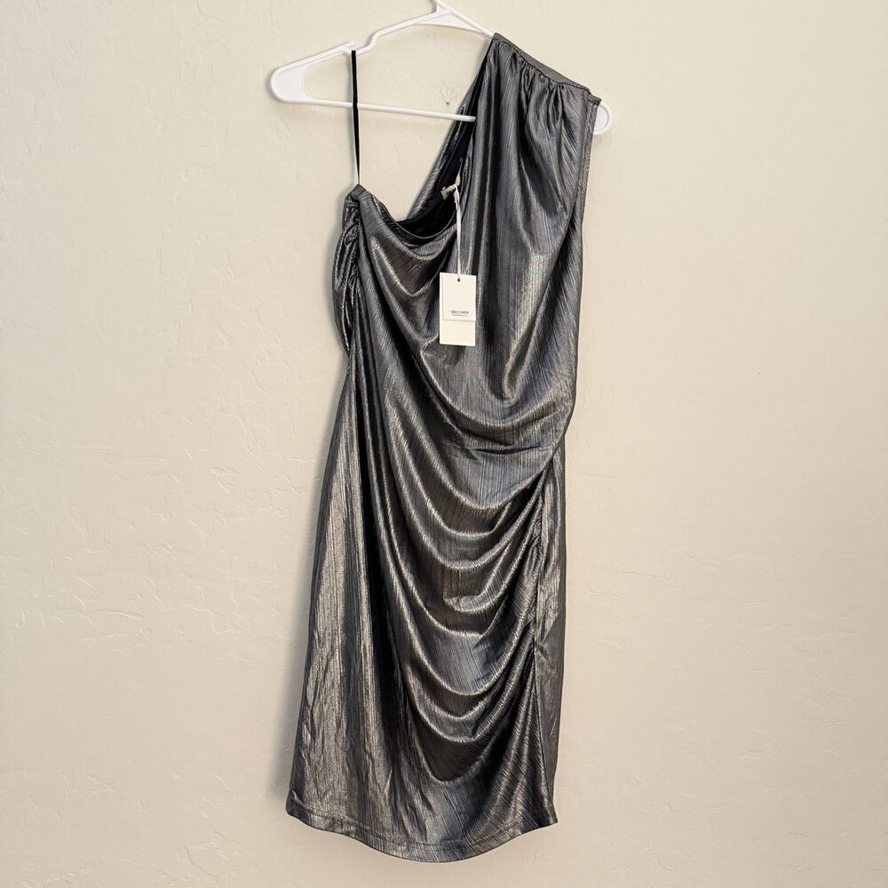 Grace Karin One Shoulder Metallic Silver Ruched Bodycon Cocktail Dress NWT M